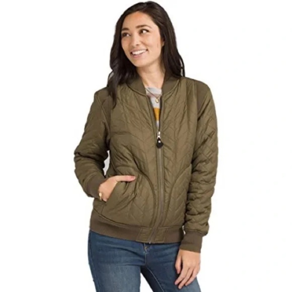 Prana Women’s Varsity Green Quilted Bomber Jacket, Size M